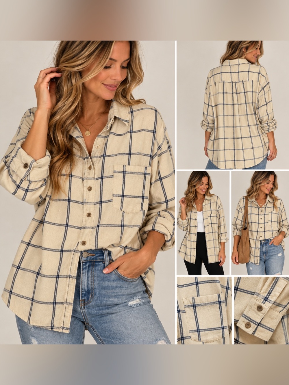 Universal Thread Plaid Button Up Shirt Womens XXL Cream Navy Oversized Cotton